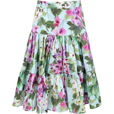 Shop Dolce & Gabbana Light-blue Skirt For Girl With Cowbellflowers In Multicolor