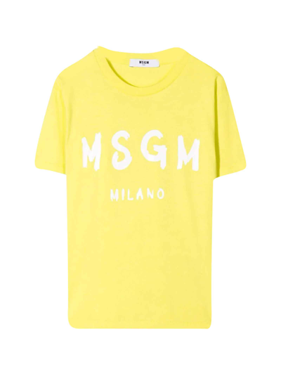Shop Msgm Yellow Girl T-shirt With Logo On The Front, Round Neckline, Short Sleeves And Straight Hem By . In Lime