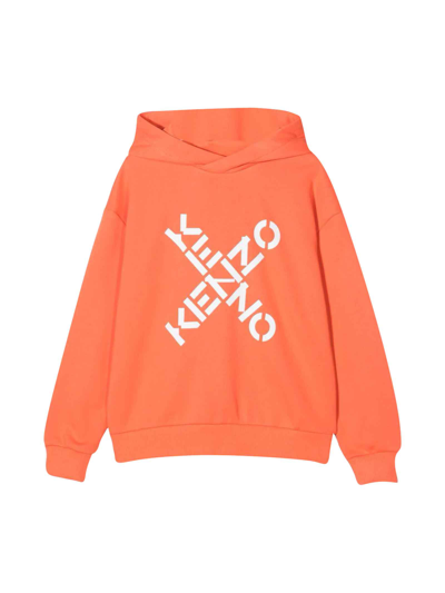 Shop Kenzo Orange Boy Sweatshirt With Logo Print On The Front, Hood, Long Sleeves, Elasticated Cuffs And Elasti In Arancio
