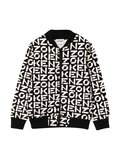 Shop Kenzo Black / White Boys Bomber Jacket, All-over Logo Print, Low Ribbed Collar, Front Zip Closure, Long Sl In Nero/bianco