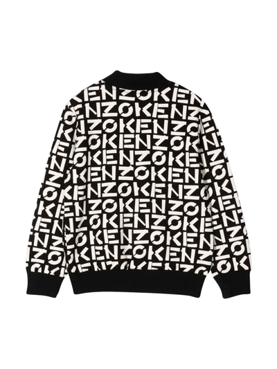 Shop Kenzo Black / White Boys Bomber Jacket, All-over Logo Print, Low Ribbed Collar, Front Zip Closure, Long Sl In Nero/bianco