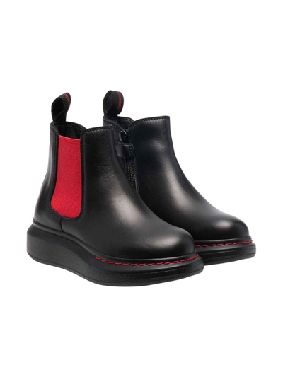 Shop Alexander Mcqueen Kids Unisex Black Ankle Boots In Nero/rosso