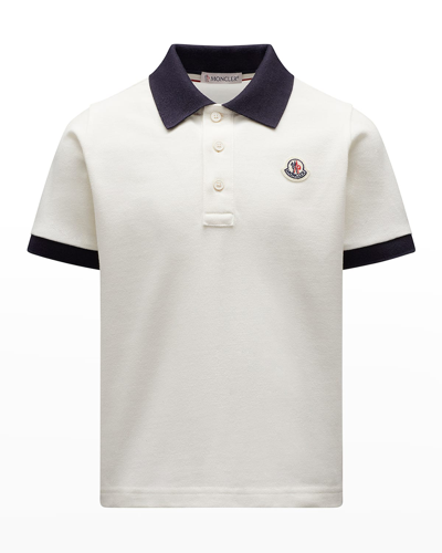 Shop Moncler Boy's Logo Patch Polo Shirt In White