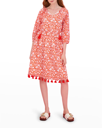 Shop Mer St. Barth Solange Popover Tassel Mini Dress In Coral Floral Bloc
