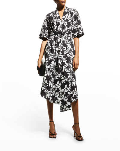 Shop Adam Lippes Floral-print Poplin Asymmetric Midi Dress In Black Ikat