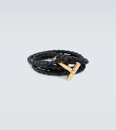 Shop Tom Ford Braided Leather Bracelet In Black+gold