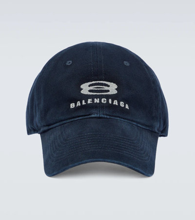 Shop Balenciaga Unity Cotton Baseball Cap In Marine Blue/grey W