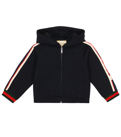 Shop Gucci Baby Cotton Jacquard Hoodie In Urbanblue/green/red
