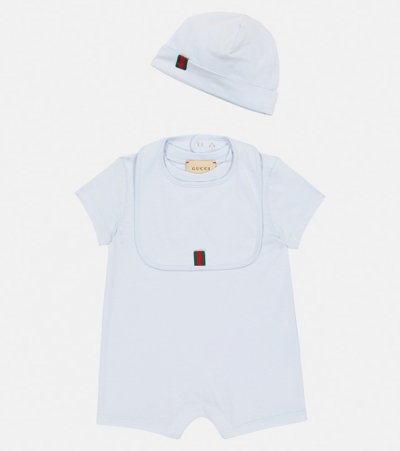 Gucci Baby Cotton Bodysuit, Bib And Hat Set In White
