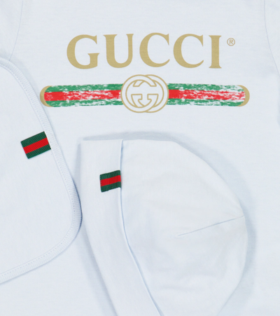 Gucci Baby Cotton Bodysuit, Bib And Hat Set In White