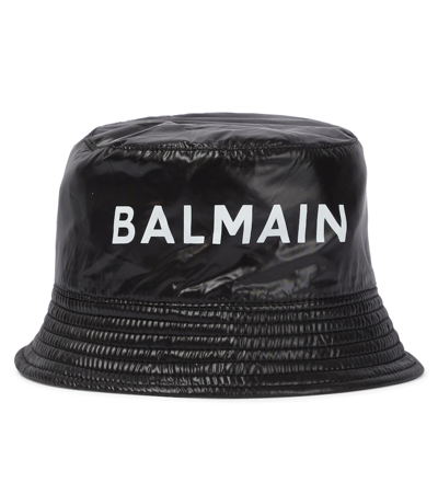 Shop Balmain Logo Faux Leather Bucket Hat In Nero