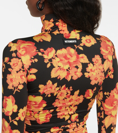 Shop Vetements High-neck Floral Jersey Minidress In Black/orange