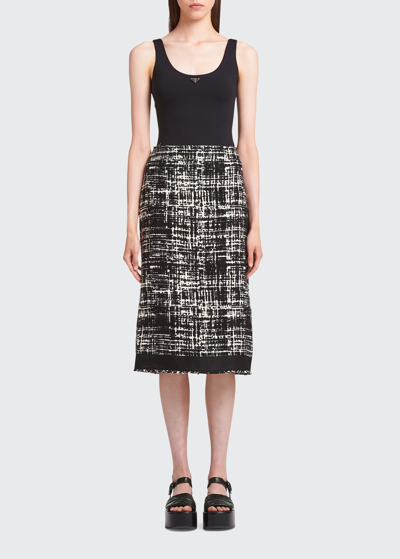 Shop Prada Tweed-print Pencil Skirt W/ Re-nylon Trim In F0a72 Avorio Nero