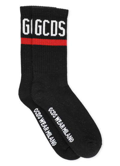 Gcds Ribbed Contrast Logo Socks In Black