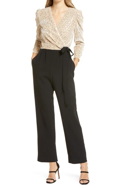 Shop Julia Jordan Sequin Bodice Puff Long Sleeve Jumpsuit In Ivory/ Black