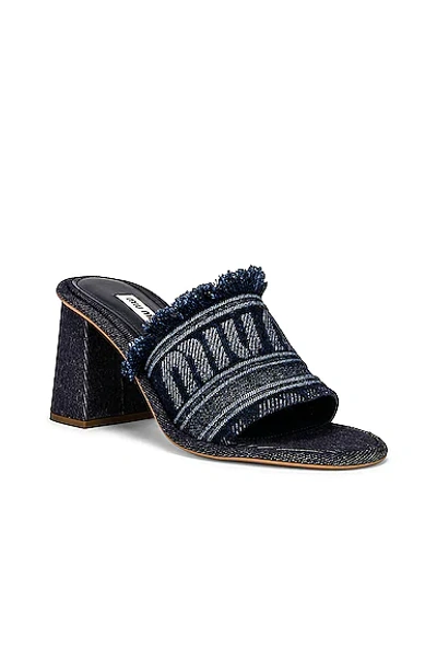 Miu Miu Frayed Denim Logo Mule Sandals In Bleu