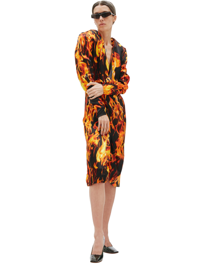 Shop Vetements Fire Print Midi Dress In Orange