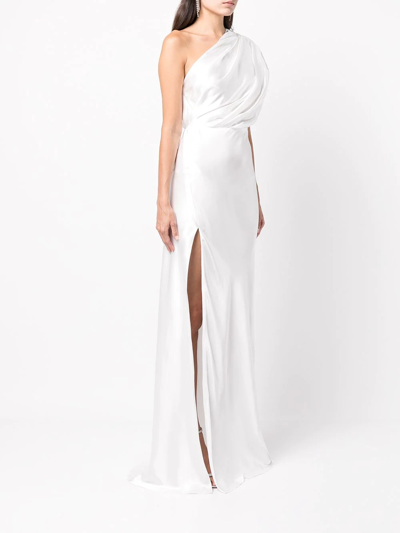 Shop Michelle Mason Silk One-shoulder Gathered Gown In Neutrals