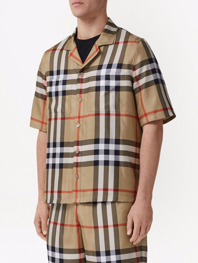 Shop Burberry Short-sleeve Check Silk Shirt In Brown