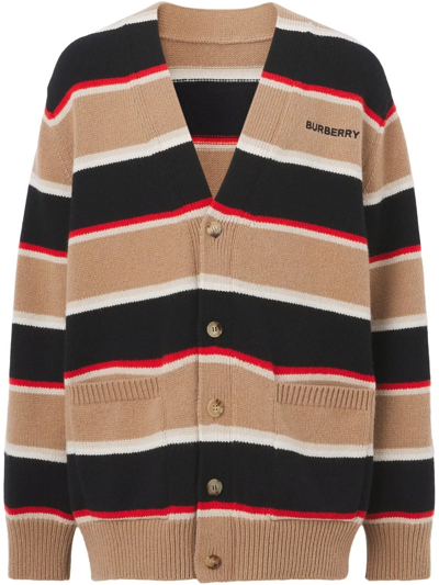 Shop Burberry Logo-embroidered Striped Cardigan In Neutrals