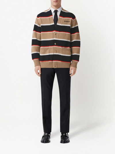 Shop Burberry Logo-embroidered Striped Cardigan In Neutrals