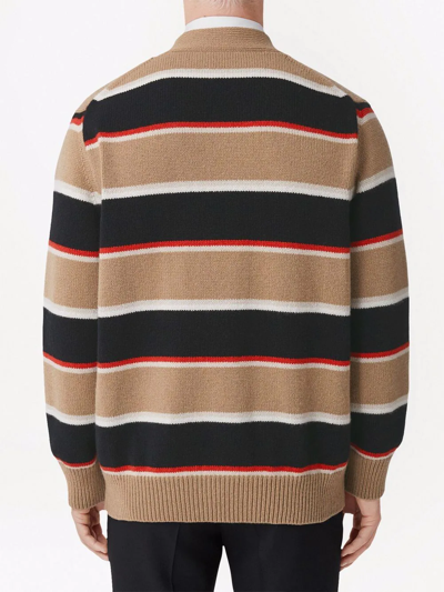 Shop Burberry Logo-embroidered Striped Cardigan In Neutrals