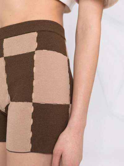 Shop Jacquemus Cut-out Checkerboard Knitted Shorts In Brown
