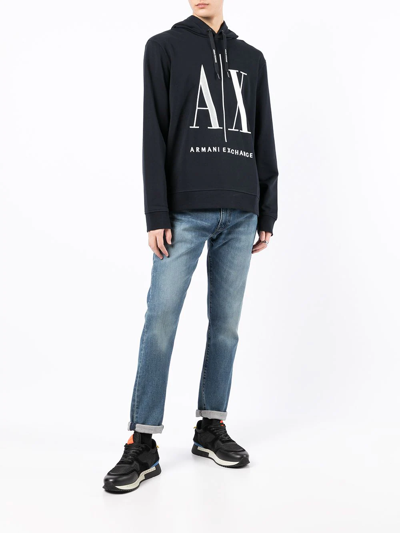 Shop Armani Exchange Logo-print Long-sleeve Hoodie In Blue