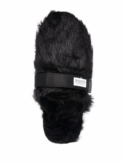 Shop Suicoke Fur Logo-patch Slippers In Black