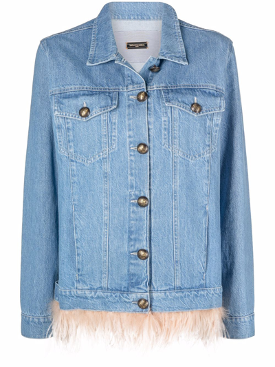 Shop Simonetta Ravizza Feather-trim Denim Jacket In Blau