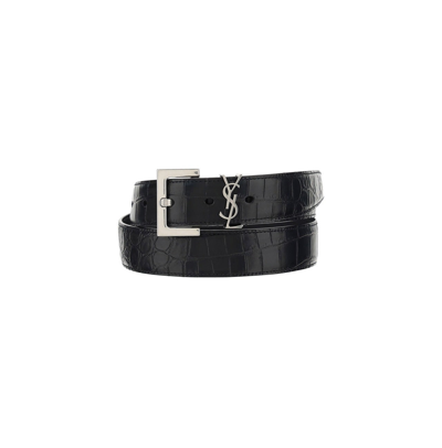 Shop Saint Laurent Embossed Buckle Belt In Black