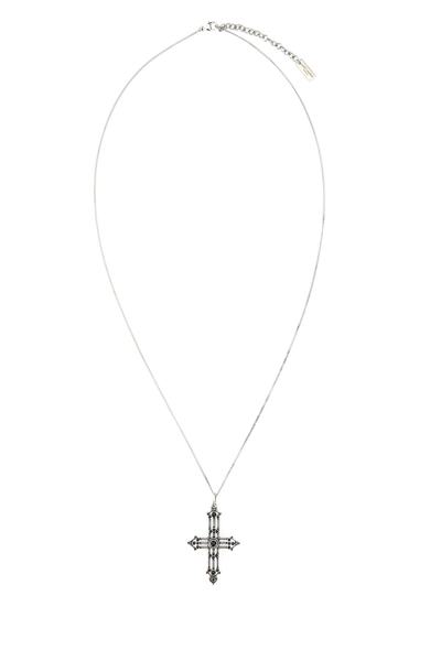 Shop Saint Laurent Long Romantic Cross Charm Necklace In Silver