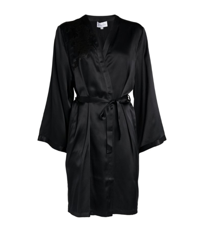 Shop Marjolaine Silk Lace-trim Robe In Black