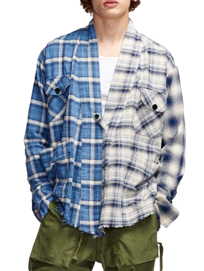 Shop Greg Lauren Men's Mixed Plaid Top In Blue