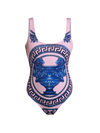 Shop Versace Women's Goblet One-piece Swimsuit In Pink Blue