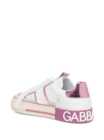 Shop Dolce & Gabbana Womans White And Pink Leather Custom 2.0 Sneakers