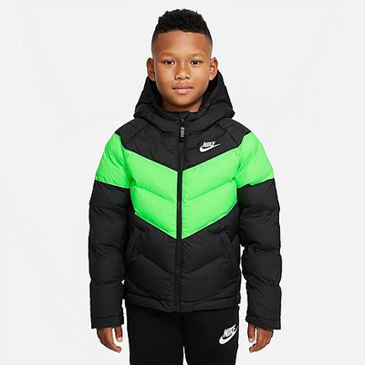 Shop Nike Kids' Sportswear Chevron Colorblock Puffer Jacket In Black/green Strike/black/metallic Silver