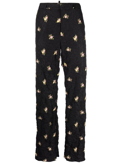 Dsquared2 Black Floral-print Creased Trousers In Black