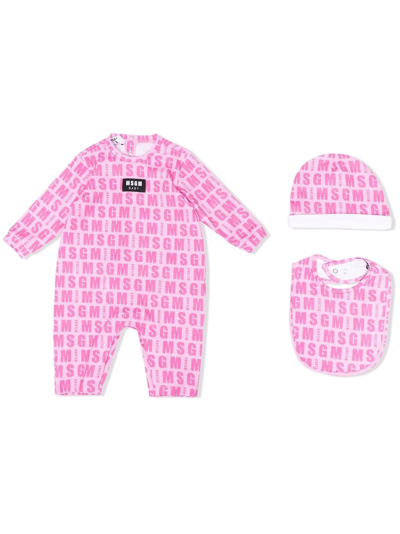 Msgm Logo-print Long-sleeve Romper In Pink