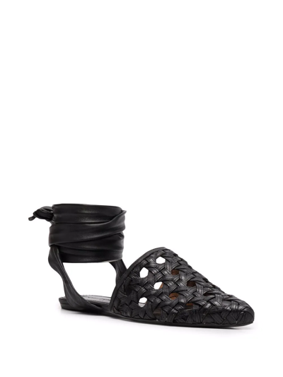 Tory Burch Basketweave Ankle Tie Pointed Toe Flat In Schwarz