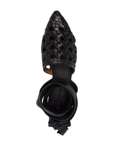 Tory Burch Basketweave Ankle Tie Pointed Toe Flat In Schwarz
