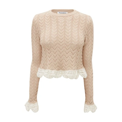 Shop Jw Anderson Frill Detail Long Sleeve Crochet Effect Top In Beige Off White