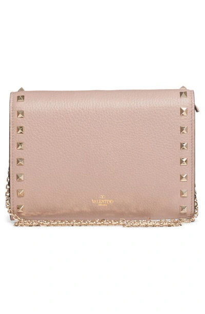 Shop Valentino Rockstud V-flap Calfskin Leather Wallet On A Chain In Poudre Rockstud
