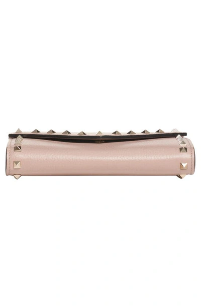 Shop Valentino Rockstud V-flap Calfskin Leather Wallet On A Chain In Poudre Rockstud