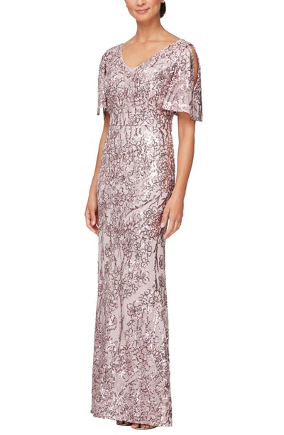 Alex Evenings Sequin Lace Cold Shoulder Trumpet Evening Gown In Blush