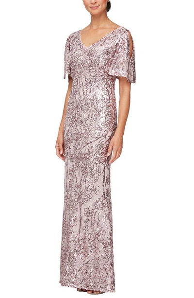 Alex Evenings Sequin Lace Cold Shoulder Trumpet Evening Gown In Blush