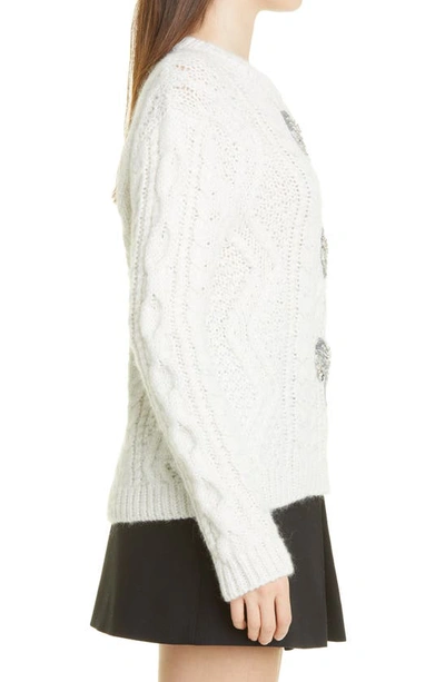 Shop Valentino Sequin Bow Cable Knit Sweater In Bianco Silver Cz7