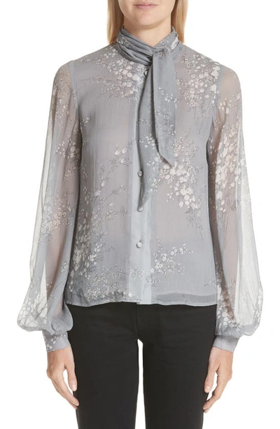 Shop Co Floral Print Tie Neck Crinkle Chiffon Blouse In Grey