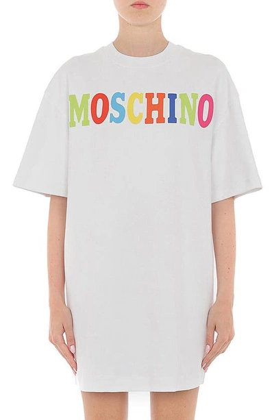 Shop Moschino Oversize Multicolor Logo Graphic T-shirt Dress In 2001 Fantasy Print White