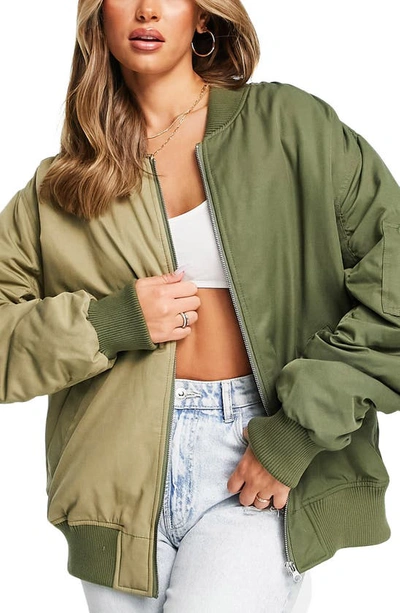 Topshop Oversized Half And Half Contrast Bomber Jacket In Khaki-green |  ModeSens